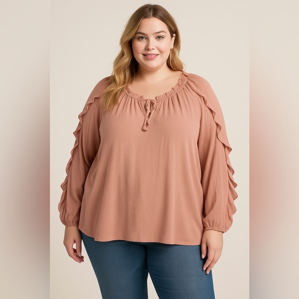 Jessica Simpson Keilani Peasant Blouse 2X Pink Ruffle Sleeve Boho Tunic Top
